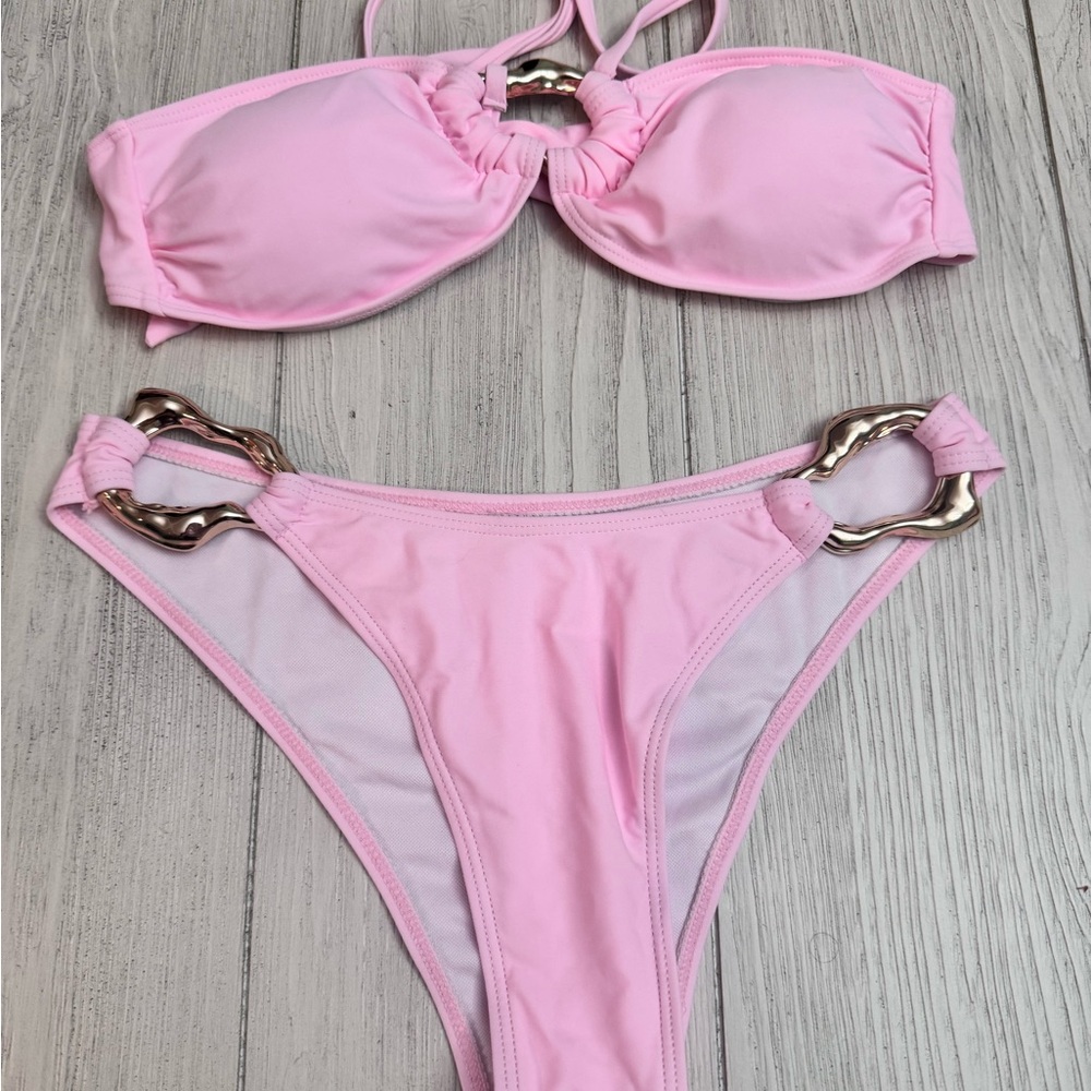 Light Pink Bikini Set with Gold Accent Rings